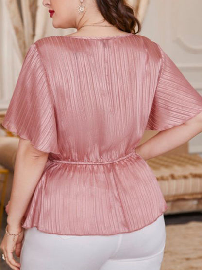 New Plus Size Women's retro solid color V-neck tops waist tie shirt short-sleeved tops