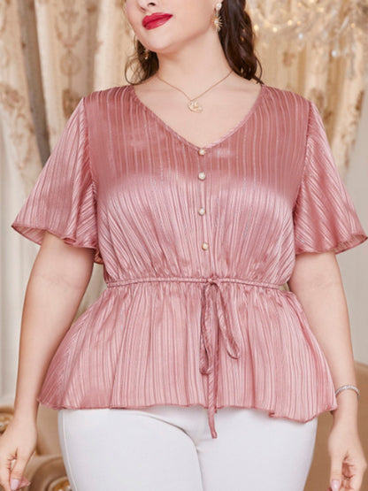 New Plus Size Women's retro solid color V-neck tops waist tie shirt short-sleeved tops