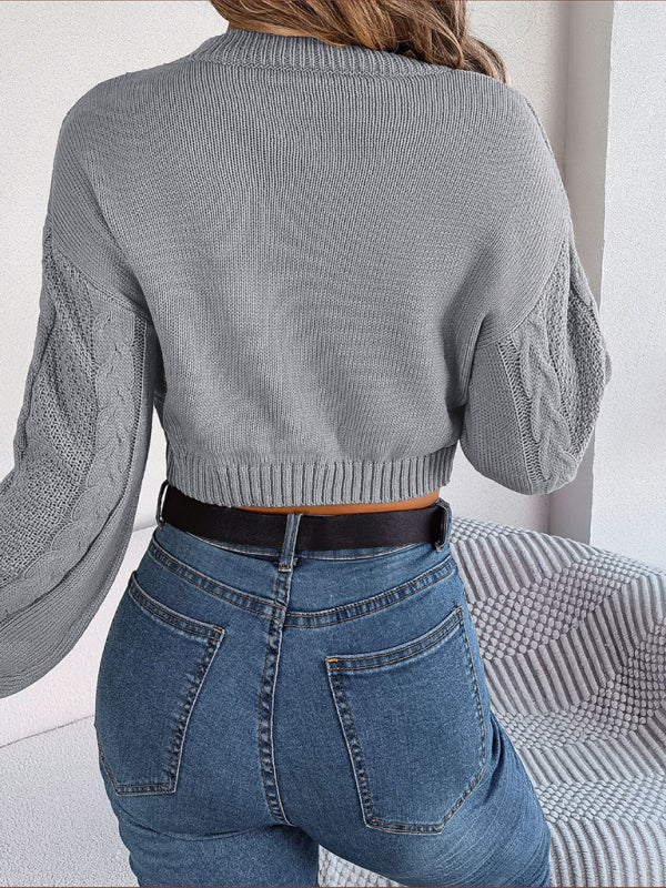 Women's New autumn and winter casual solid color twist long-sleeved pullover navel-baring sweater