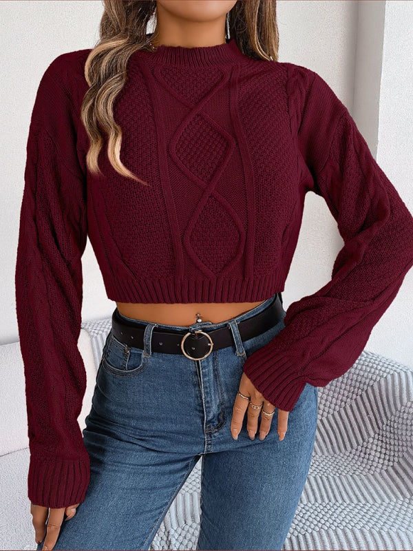Women's New autumn and winter casual solid color twist long-sleeved pullover navel-baring sweater