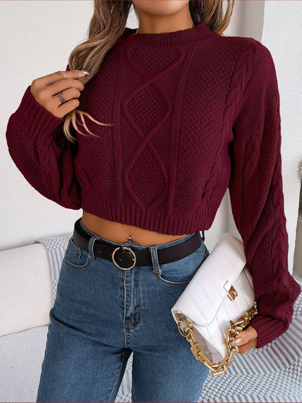 Women's New autumn and winter casual solid color twist long-sleeved pullover navel-baring sweater