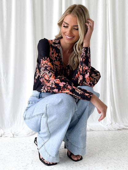 Women's elegant printed V-neck long-sleeved single-breasted shirt
