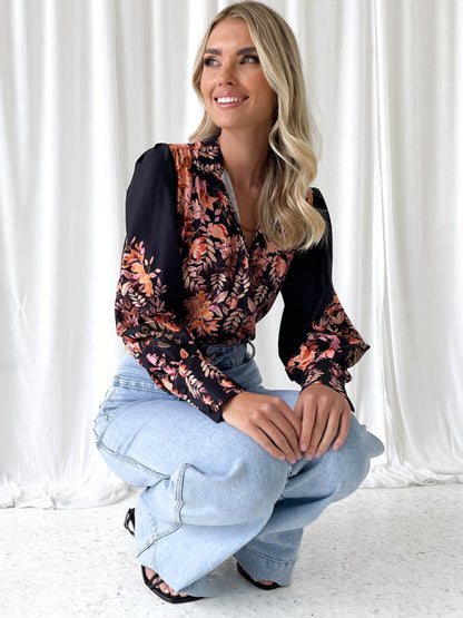 Women's elegant printed V-neck long-sleeved single-breasted shirt