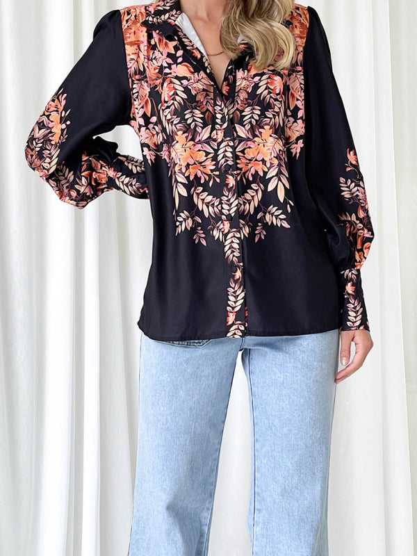Women's elegant printed V-neck long-sleeved single-breasted shirt