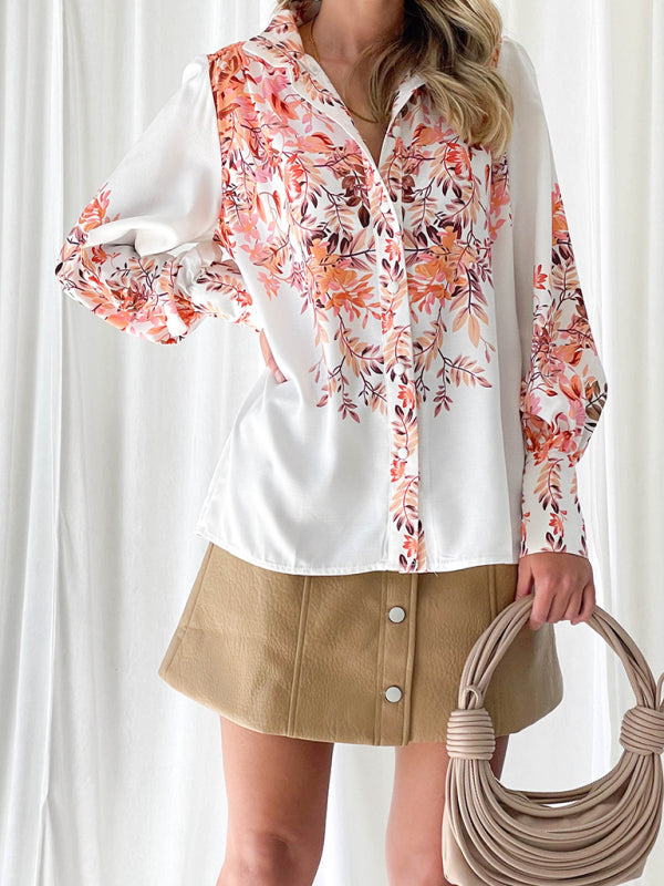 Women's elegant printed V-neck long-sleeved single-breasted shirt