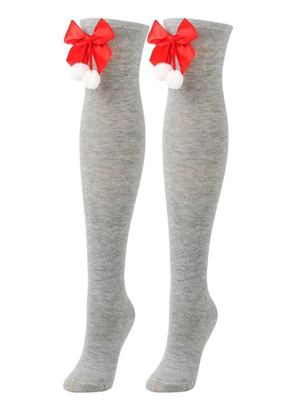 New bow Christmas socks ball socks over the knee socks women's long Christmas striped stockings