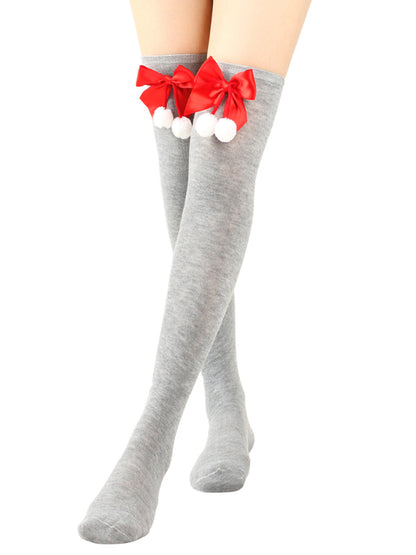 New bow Christmas socks ball socks over the knee socks women's long Christmas striped stockings