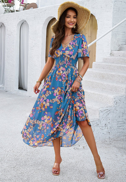 Women's elegant printed waist-cinching short-sleeved dress