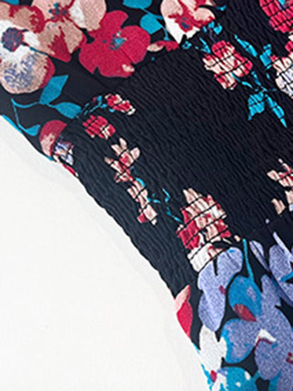 Women's elegant printed waist-cinching short-sleeved dress