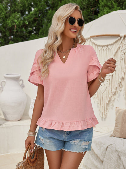 Women's casual short-sleeved shirt solid color V-neck top