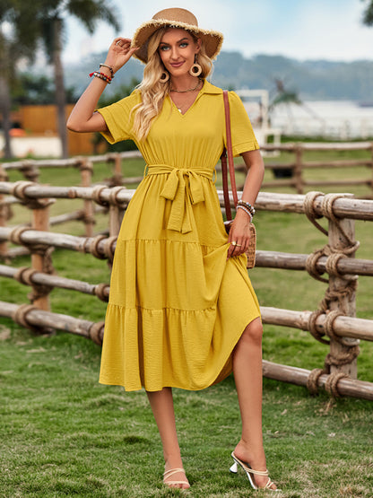 Women's fresh and sunny strap waist V-neck short-sleeved dress