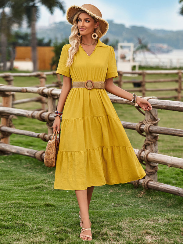 Women's fresh and sunny strap waist V-neck short-sleeved dress