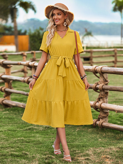 Women's fresh and sunny strap waist V-neck short-sleeved dress