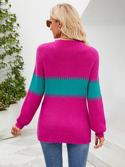 Women's New Contrast Color Spliced Turtleneck Sweater