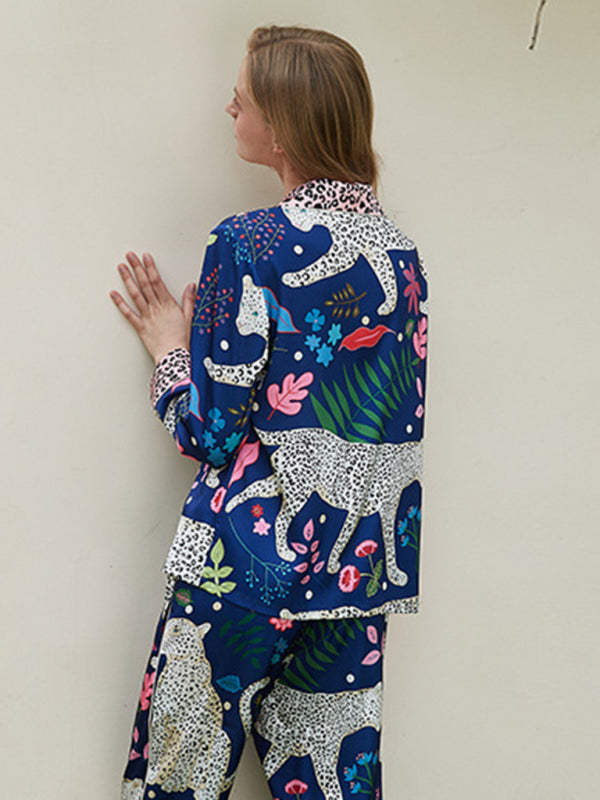 Women's printed long-sleeved shirt and trousers 2-piece suit