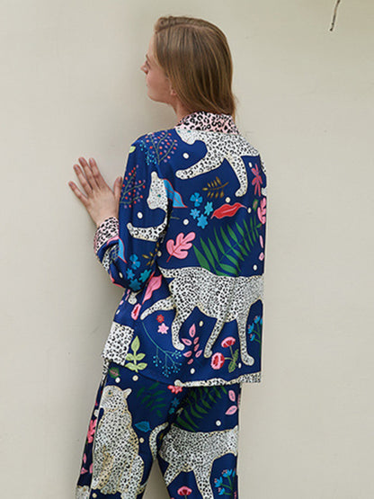 Women's printed long-sleeved shirt and trousers 2-piece suit