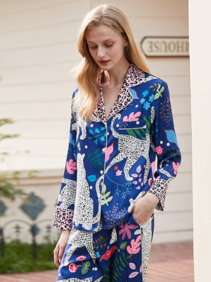 Women's printed long-sleeved shirt and trousers 2-piece suit
