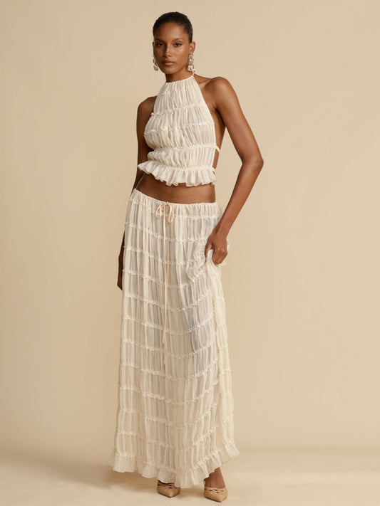 Women's Two Piece Backless lace-up halter top set with Matching chiffon pleated long skirt