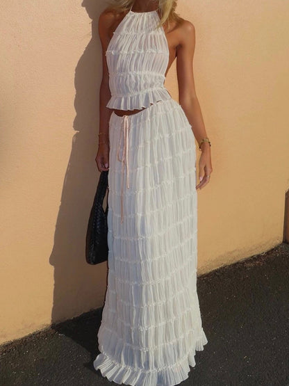 Women's Two Piece Backless lace-up halter top set with Matching chiffon pleated long skirt