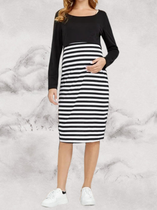 Women's Maternity long sleeve striped round neck dress