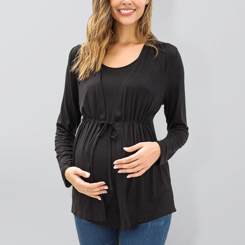 Women's Solid Color Petal Front Waist Tie Maternity Nursing Top