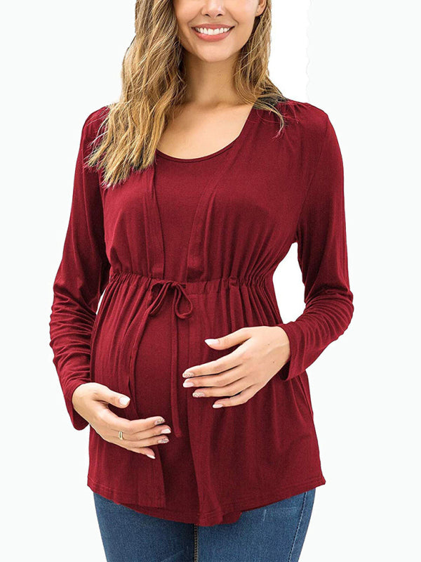 Women's Solid Color Petal Front Waist Tie Maternity Nursing Top