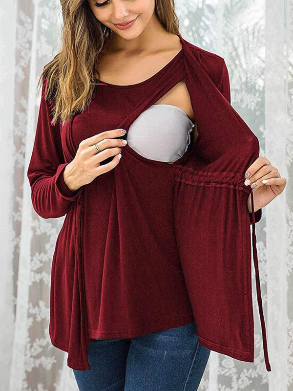 Women's Solid Color Petal Front Waist Tie Maternity Nursing Top