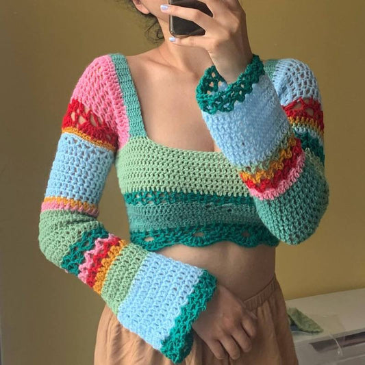 Women's new square collar colorful striped color block handmade crocheted long-sleeved top