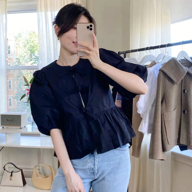 Women's Tie Puff Sleeve Waist Shirt blouse