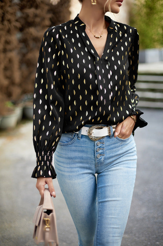 Women's v-neck bronzing polka dot long-sleeved shirt blouse