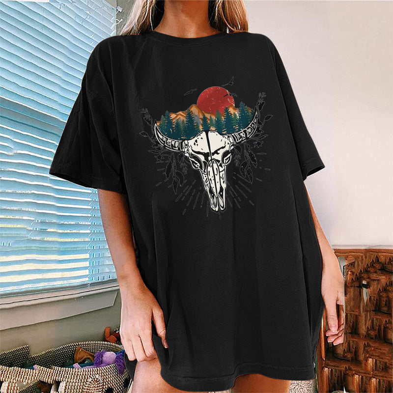 Women's Western Bullhead Print Short Sleeve T-Shirt