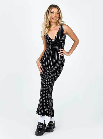 Women's polka dot suspender V-neck fishtail dress